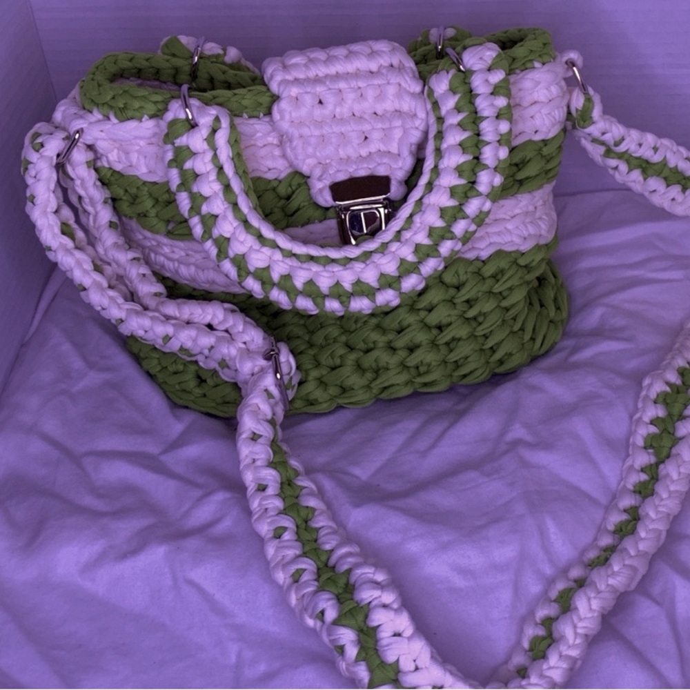 Handmade Crochet Bag Green and White Handwoven Crossbody with stripes - Picture 8 of 11